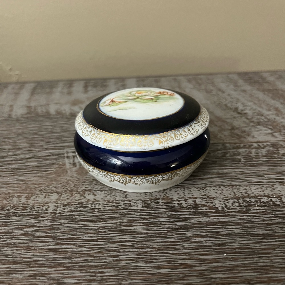 Vintage German Porcelain Trinket Box Colbalt Blue Floral Design Gold Trim
